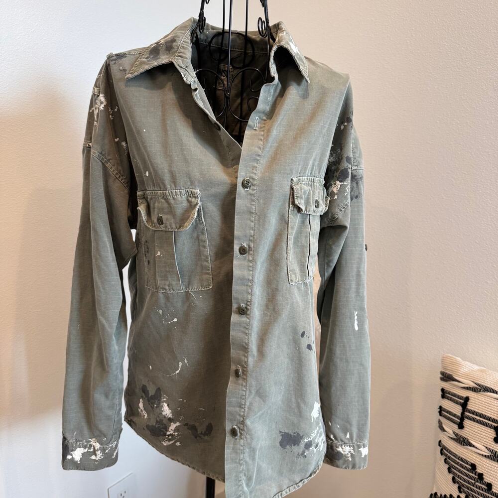 NSF Paint Splatter Oversize Button Up Shirt Army Green-P